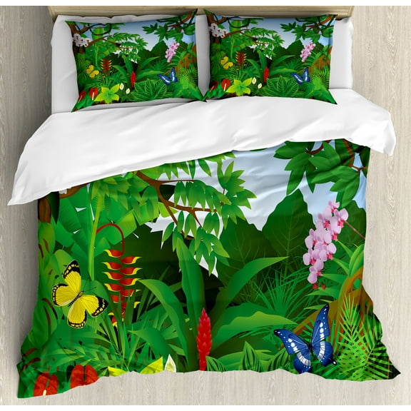 Plant Duvet Cover Set, Cartoon Style Lively Forest with Butterflies Trees and Various Flowers Print, Decorative 3 Piece Bedding Set with 2 Pillow Shams, King Size, Emerald Multicolor, by Ambesonne