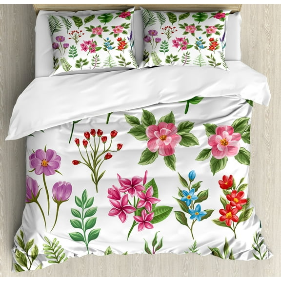 Plant Duvet Cover Set, Exotic Flowers and Ferns Botanical Elements Flora Variety of Leaves, Decorative 3 Piece Bedding Set with 2 Pillow Shams, Calking Size, Multicolor Fern Green, by Ambesonne