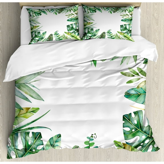 Plant Duvet Cover Set, Interesting Jungle Themed Picture with Leaves and an Opening to the Sky Exotic Art, Decorative 3 Piece Bedding Set with 2 Pillow Shams, King Size, Fern Green, by Ambesonne