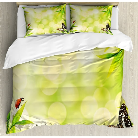 Plant Duvet Cover Set, Ladybug and a Butterfly Standing on a Leaves Bokeh Circles Background, Decorative 3 Piece Bedding Set with 2 Pillow Shams, King Size, Pale Green and Multicolor, by Ambesonne