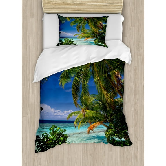 Plant Duvet Cover Set, Tropical Paradise at Maldives with Palms Blue Sky Beaches Tranquility, Decorative 2 Piece Bedding Set with 1 Pillow Shams, Twin Size, Sky Blue Green, by Ambesonne