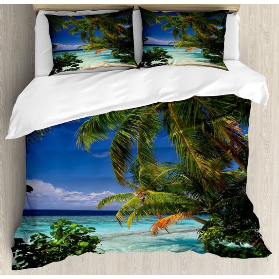 Plant Duvet Cover Set, Tropical Paradise at Maldives with Palms Blue Sky Beaches Tranquility, Decorative 3 Piece Bedding Set with 2 Pillow Shams, Queen Size, Sky Blue Green, by Ambesonne
