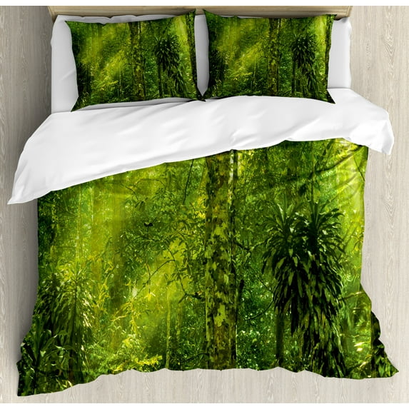 Plant Duvet Cover Set, Tropical Tranquil Place with Lots of Green Trees Earthly Places Untouched Jungle, Decorative 3 Piece Bedding Set with 2 Pillow Shams, Queen Size, Apple Green, by Ambesonne