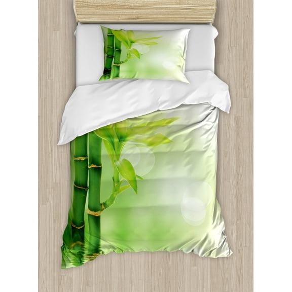 Plant Duvet Cover Set Twin Size, Chinese Ecology Picture of Bamboo Sticking out of the Water Serene Atmosphere, Decorative 2 Piece Bedding Set with 1 Pillow Sham, Emerald Green, by Ambesonne