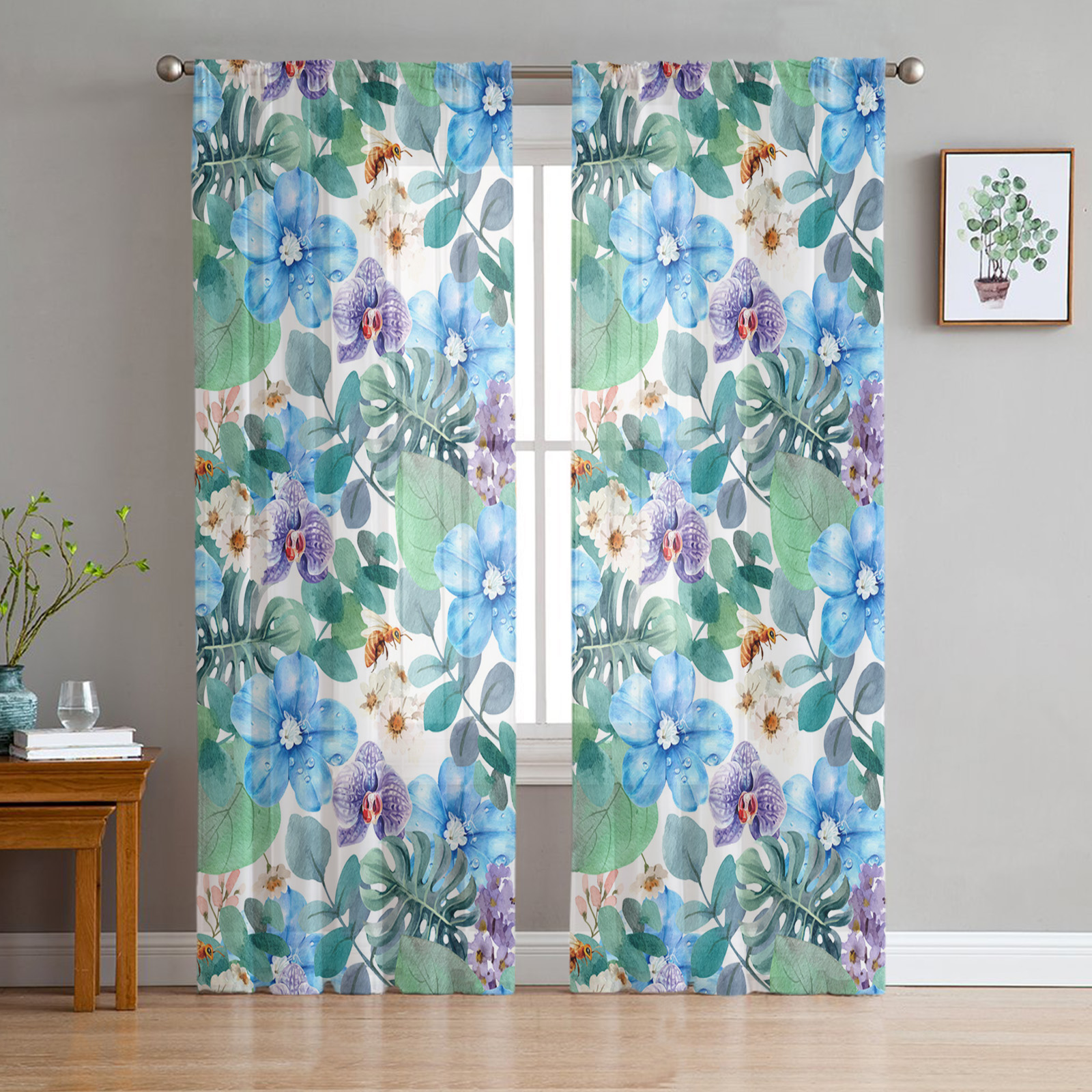 Transparent Rations Plant Flower Bee Watercolor Tulle Curtains for Living Room Bedroom ...