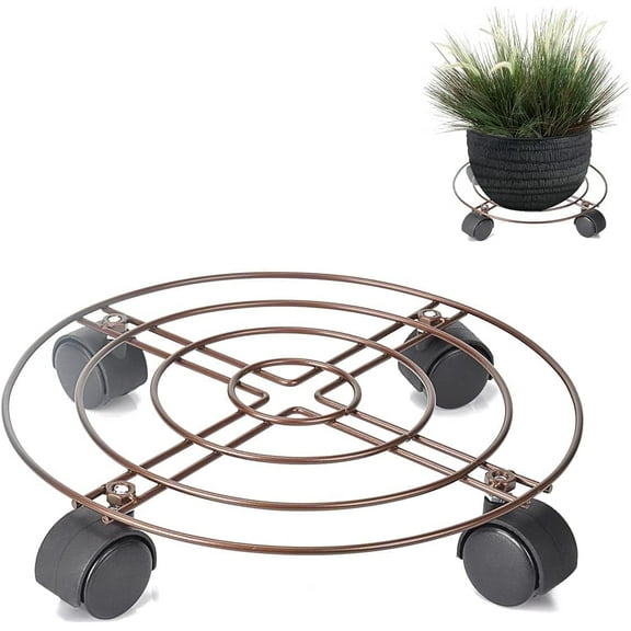 Plant Flower Vegetables Garden Pot Cart with Wheels, Brown, Circle, Metal Plant Caddy Plant Dolly DEWEL