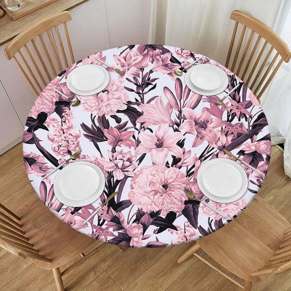 Plant Flowers Round Fitted Tablecloth Leaf Florl Birds Elastic Edged Waterproof Table Cloth Dining Table Decorations Accessorie