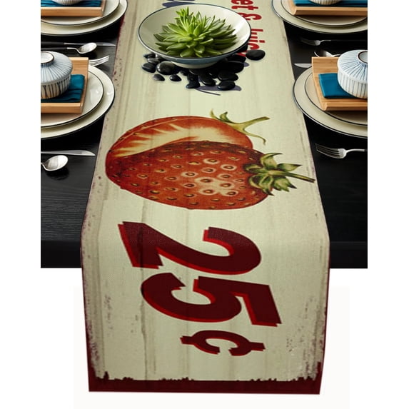 Plant Fruit Strawberry Wood Grain Table Runner Home Wedding Table Flag Mat Centerpieces Decoration Party Dining Long Tablecloth