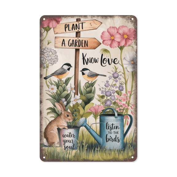 Plant A Garden Know Love Listen To The Birds Metal Wall Sign With Rustic Coating Ideal For Garden Decor Patio Decor Backyard Decor And Inspirational Gift For Gardeners Nature Lovers 8x12 inch metal