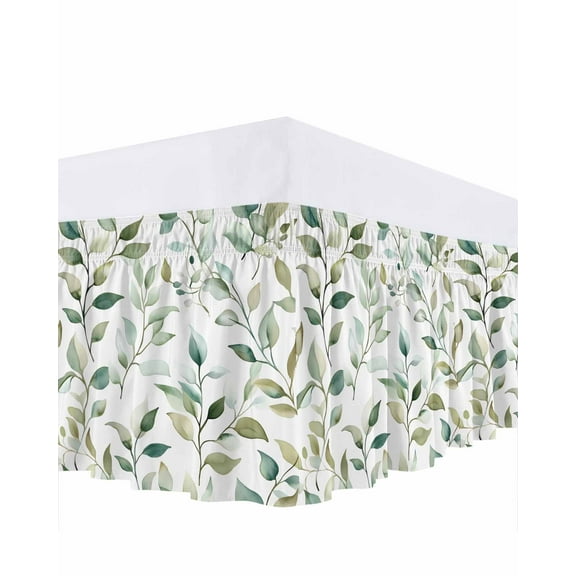Plant Green Bed Skirt Queen Size 18" Drop Farmhouse Eucalyptus Leaf Watercolor Ruffled Wrap Around Bed Skirts Adjustable Elastic Bedskirt Dust Ruffle for Queen Size Bed