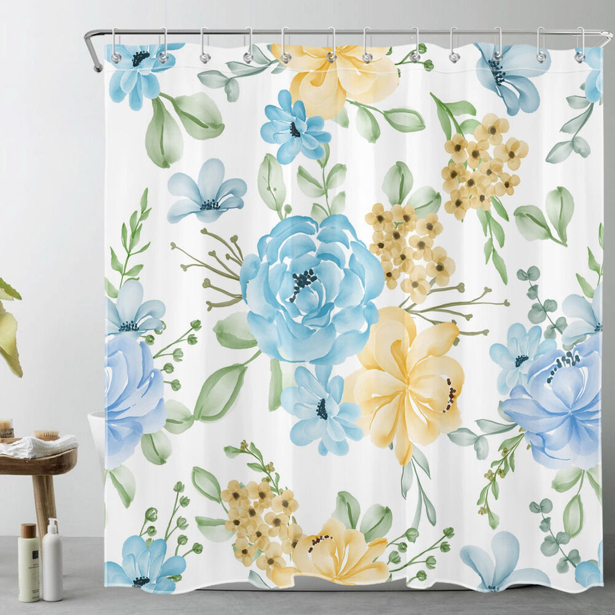 Plant Green Leaf Blue and Yellow Floral Shower Curtain for Bathroom