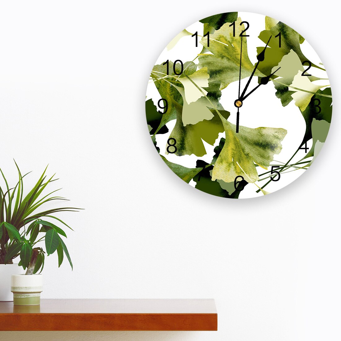 Plant Green Leaves Oil Painting Wall Clock Bedroom Silent Wall Digital