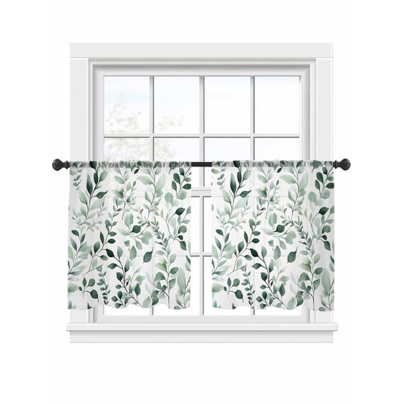 Plant Green Sheer Curtains 54 Inch Long 2 Panels, Watercolor Eucalyptus Leaf Farm Light Filtering Rod Pocket Semi Sheer Curtains, Sheer Voile Drapes for Living Room Bedroom, 52"x54"
