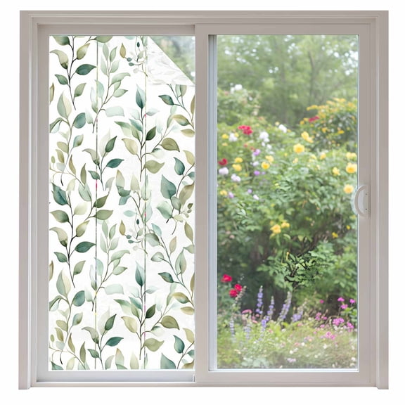 Plant Green Window Privacy Film Farmhouse Eucalyptus Leaf Watercolor Decorative Glass Window Film UV Blocking Static Cling Non-Adhesive Sticker Covering for Home Door 35.4x78.7 inches