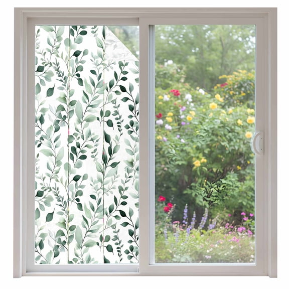 Plant Green Window Privacy Film Watercolor Eucalyptus Leaf Farm Decorative Glass Window Film UV Blocking Static Cling Non-Adhesive Sticker Covering for Home Door 35.4x78.7 inches