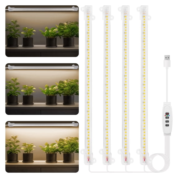 Plant Grow Light 4 Head, 6000K Full Spectrum Grow Lamp for Indoor Plants with 3/9/12H Timer & 10 Dimmable Levels, 13 inch LED Grow Light Strips Plant Light for Green House Hydroponics Succulent