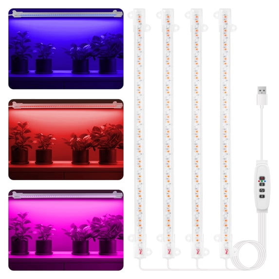 Plant Grow Light 4 Head, 6000K Red Blue Spectrum Grow Lamp for Indoor Plants with 3/9/12H Timer & 10 Dimmable Levels, 13 inch LED Grow Light Strips Plant Light for Green House Hydroponics Succulent