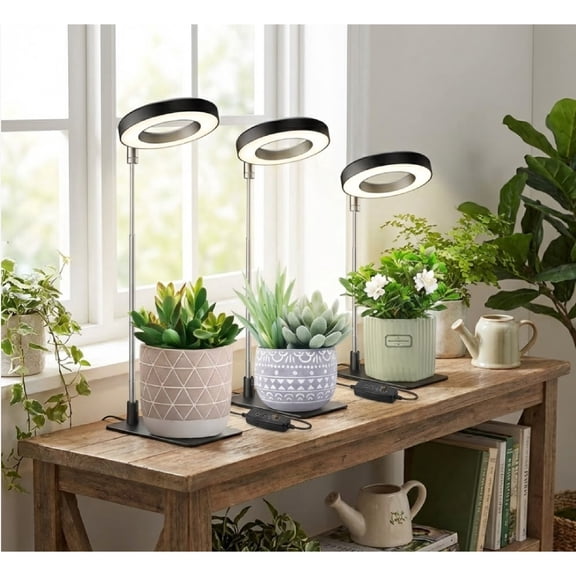 Plant Grow Light, 48 LEDs Full Spectrum Grow Lights for Indoor Plants, Height Adjustable Small Halo Grow Light with Base, 3 Optional Spectrums, Auto Timer 3/9/12Hrs, 10 Brightness, 3 Pack