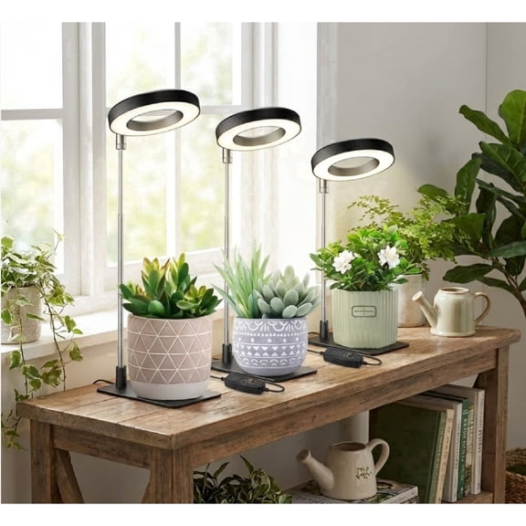 Full Spectrum LED Grow Lights for Indoor Plants, Height Adjustable Halo Plant Light with Timer & 10 Brightness Levels, 3 Pack