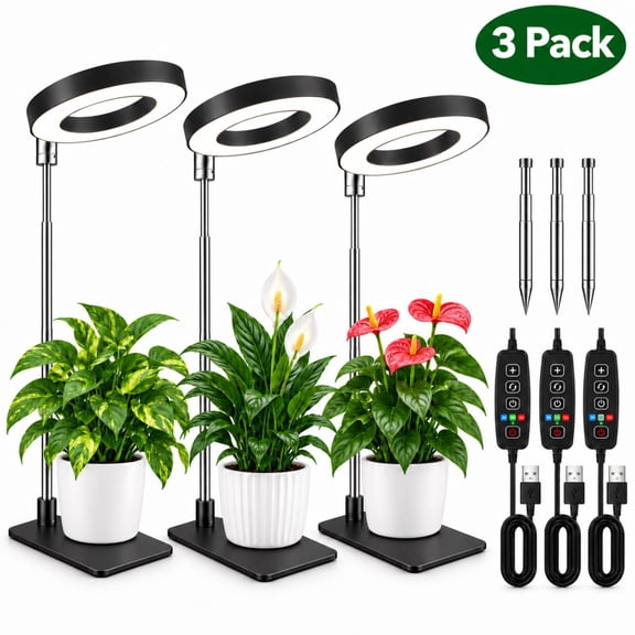Plant Grow Lights, Adjustable Height 48 LED White Warm Lights for Indoor Plants 3-9-12H Timer 10 Dimming, 3 Pack