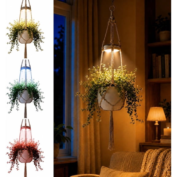 Plant Grow Lights with Hanging Flower Pot Woven Bracket Set, Full-Spectrum LED Grow Lights for Indoor Plants Home Decor
