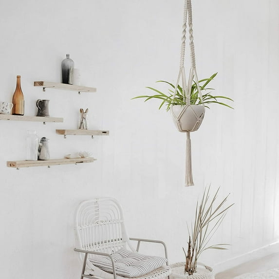 Plant Hanger with Hooks Crochet White Plant Hangers Boho Wall Art Decor Vintage Style Simple Minimalist (Set of 1)