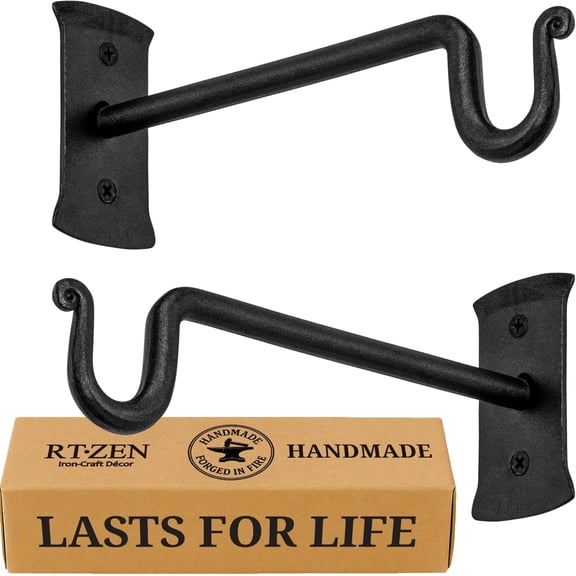 Plant Hangers Outdoor or Indoor - Wrought Iron Metal Hanger Indoor Hook - Heavy Duty Wall Bracket Hooks for Hanging Plants Baskets Lanterns Bird Feeders - 2 Pack (Black Shepherds Hooks 7.5")