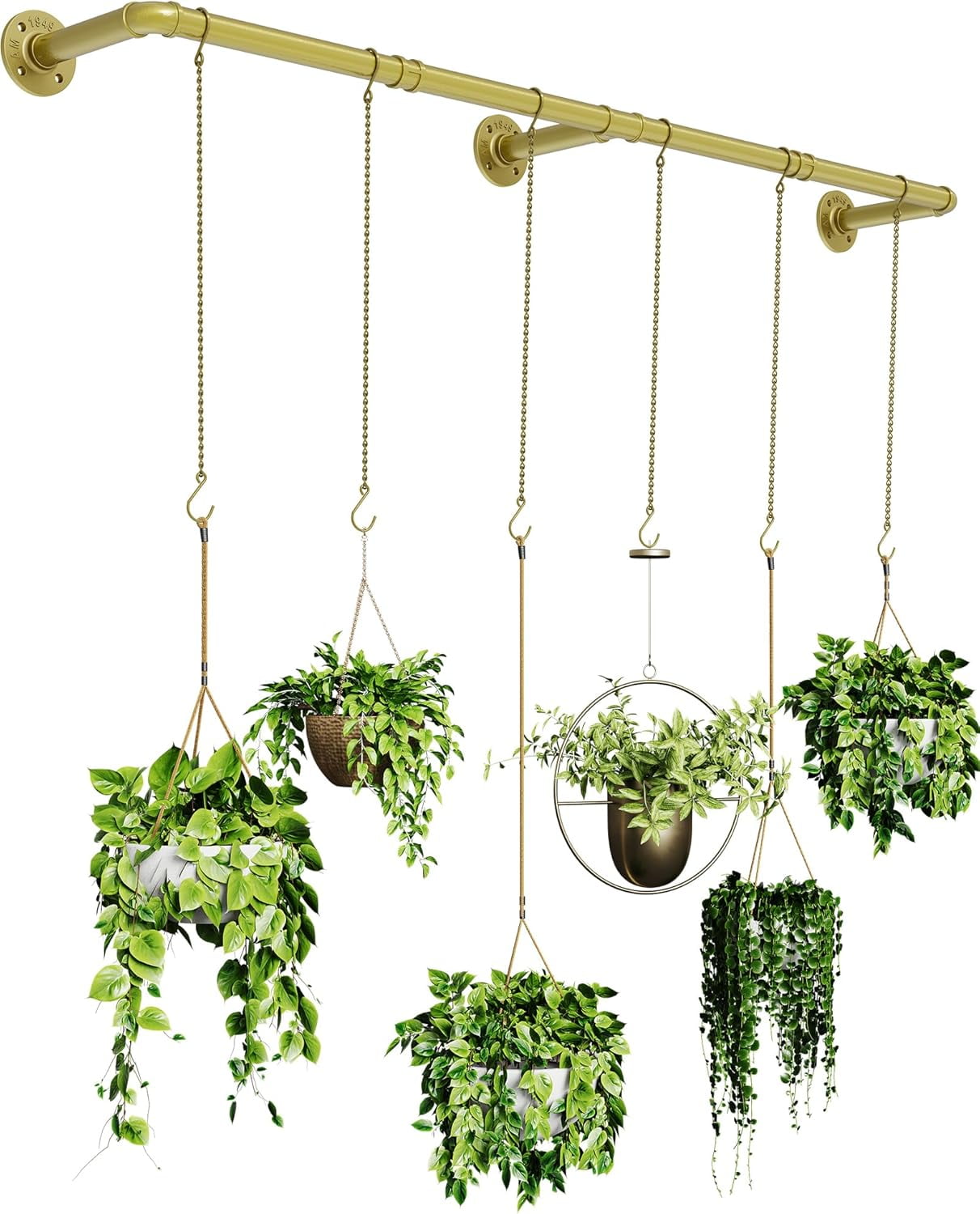 Plant Haning Rod, Hanging Planters for Indoor Plants with 6 Chains, Wall Plant Hanging Bar for Window Celling, 65.7 Inch, Metal Gold, Pots Not Included