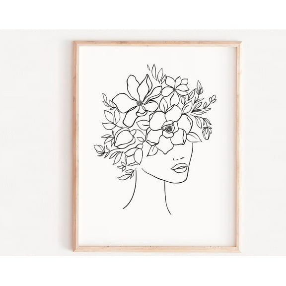Plant Head Woman Print, Woman With Plants On Head, Flower Woman, Woman Line Art, Flower Head Print, Modern Line Drawing Woman Wall Art, Modern Wall Decor, 24x36 UNFRAMED