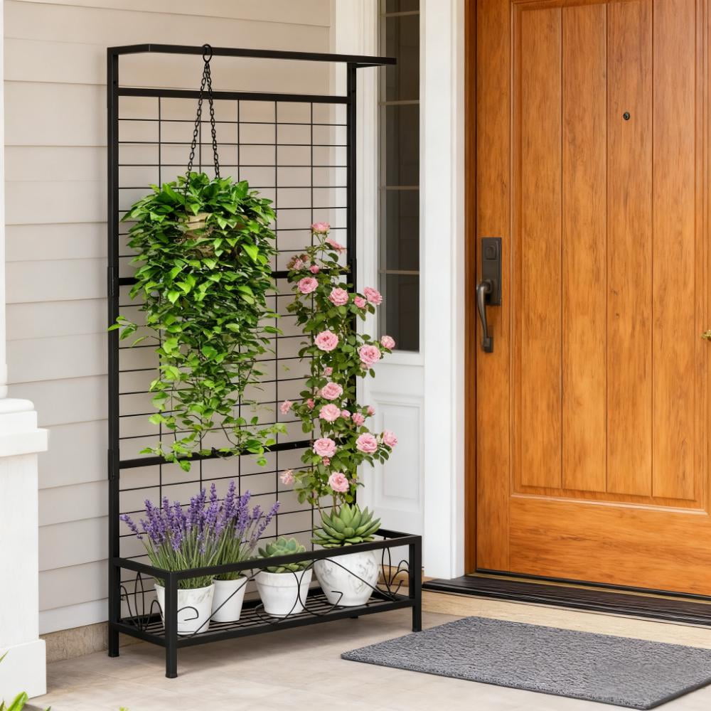 Plant Holder, Metal Tall Plant Stand with Trellis and Hanging Bar,for Indoor Outdoor Use