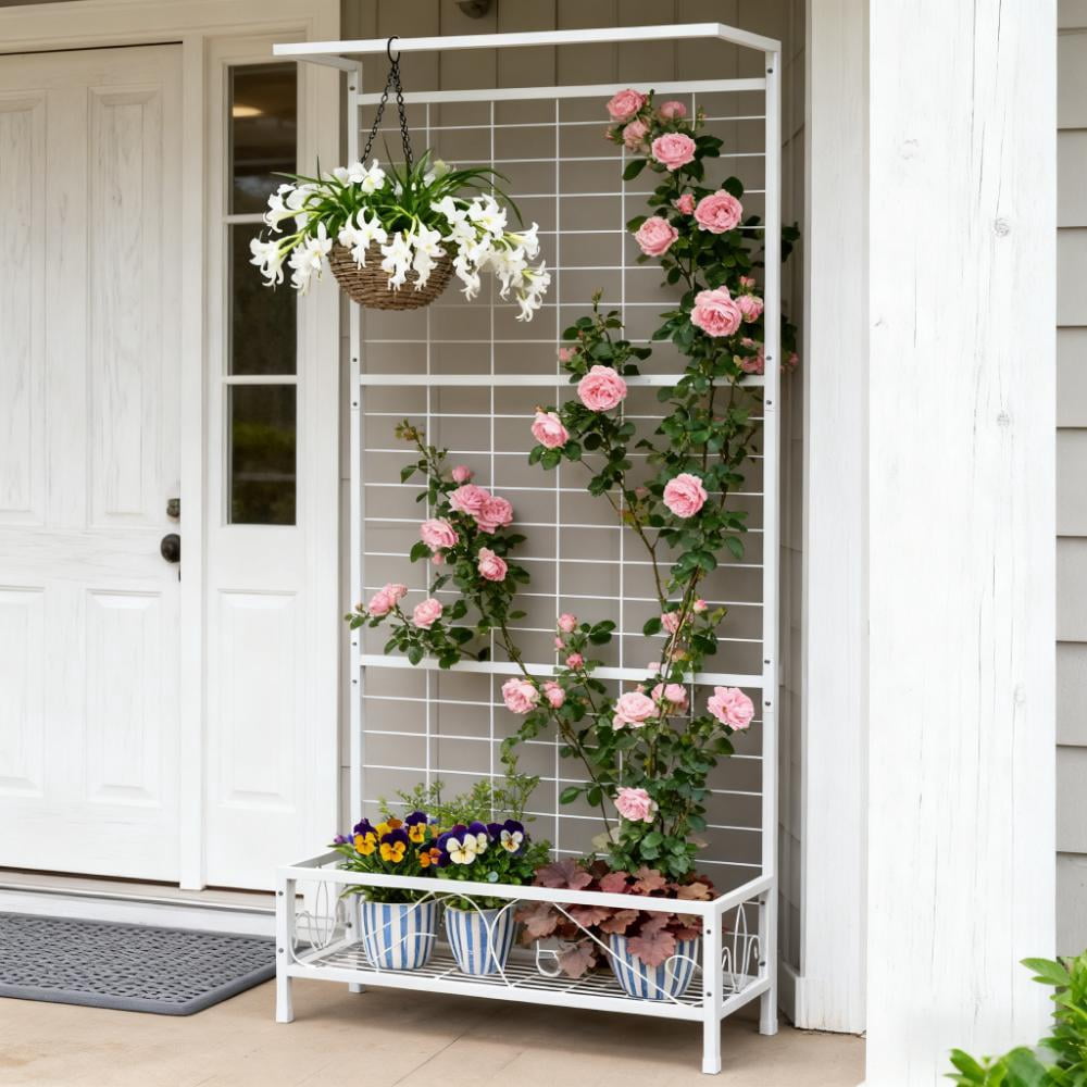Plant Holder, Metal Tall Plant Stand with Trellis and Hanging Bar, for Indoor Outdoor Use