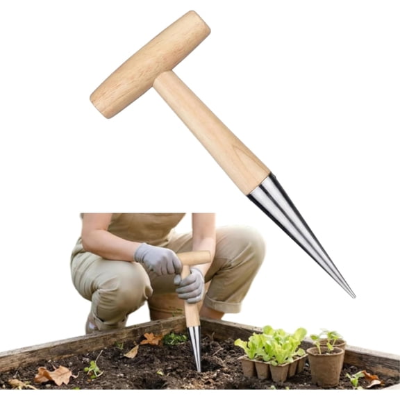 Plant Hole Digger for Planting, Handheld Digger Garden Seed Planting Tool Bulb Planter Tool T Wooden Handl for Planting Tulip Daffodil Saffron Vegetable Seeds, Easy to Drill Holes