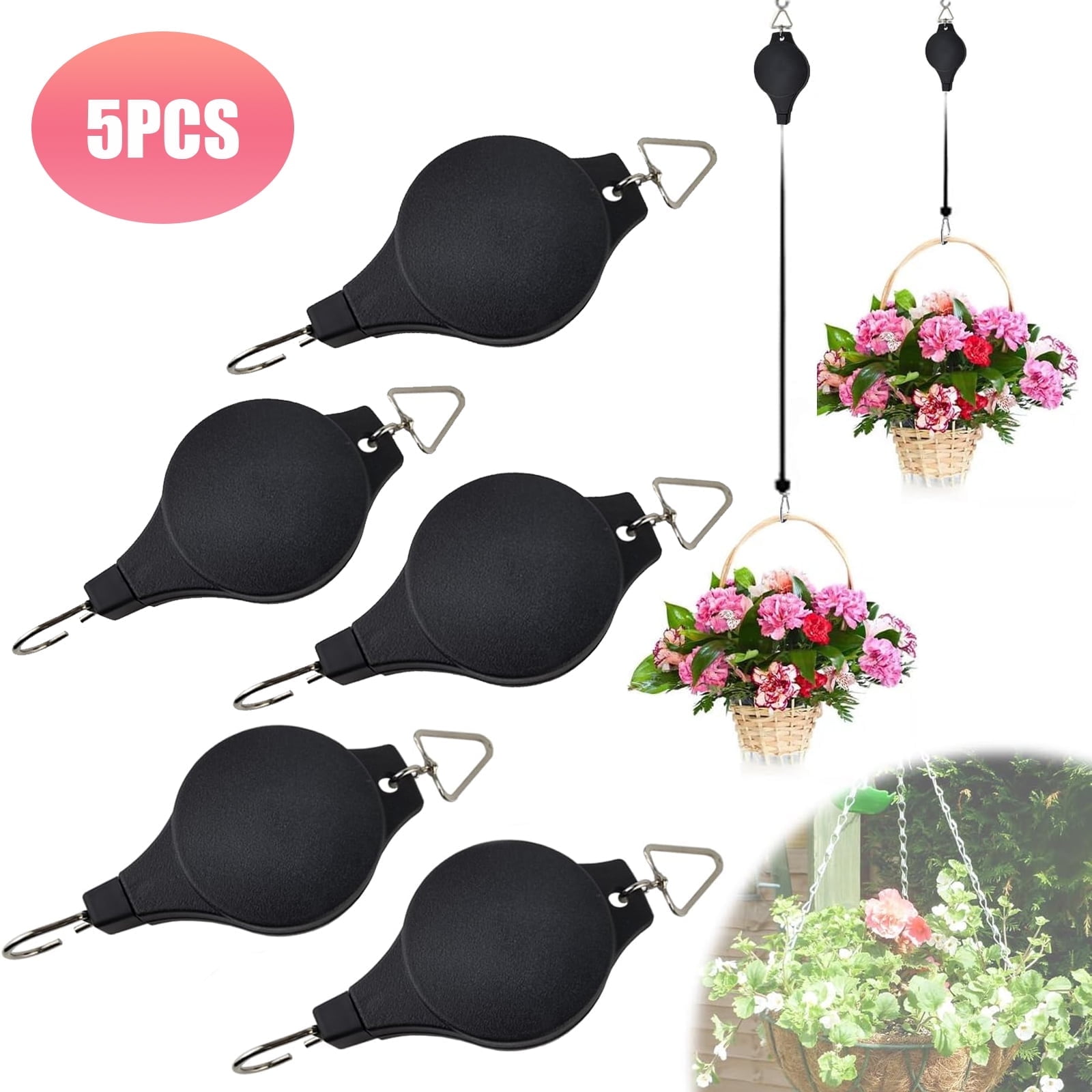 Plant Hook Pulley，5 Pack Retractable Plant Pulley, Adjustable Hanging Flower Basket Hooks Plant Pulleys for Hanging Plants Baskets Pots and Birds Feeder, Planters Flower Basket Hook Hanger(Black)