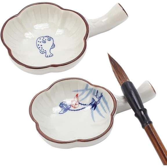 Plant Ink Dish Porcelain Ink Plate with Handle Chinese Calligraphy Painting Brush Rest Holder Flower Shape Multifunctional Ink Dish