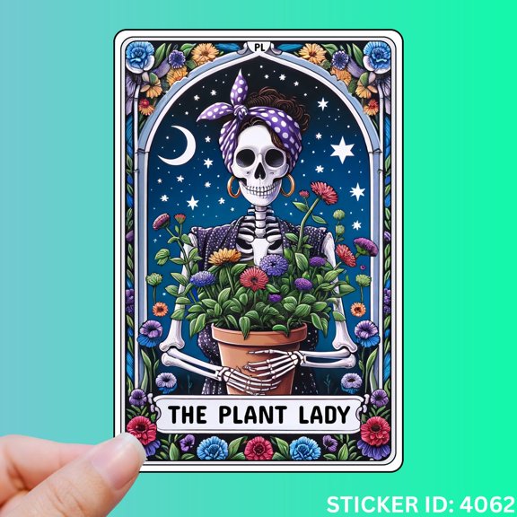 Plant Lady Tarot Card Witchy Decor Accents Fantasy Gothic Skeleton Sticker