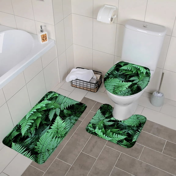 Plant Leaves 3pcs Bathroom Mats Set Tropical Forest Green Palm Leaf Anti Slip Flannel Doormat Floor Rugs Toilet Lid Cover Carpet