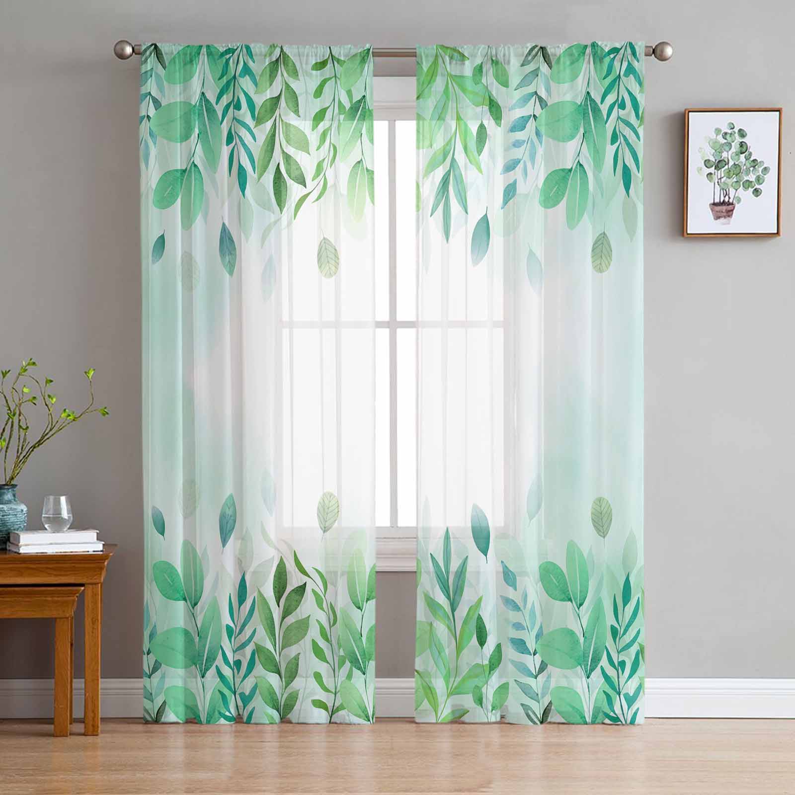Plant Leaves Green Watercolor Rural Style Sheer Curtain Living Room Drapes Home Bedroom Voile ... - Rare Plant Inspired Curtains