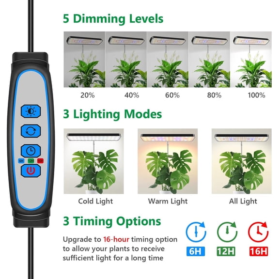 Plant Lights for Indoor Growing, Full Grow Light 3 Pack with Base, 26 Inch Height Adjustable LED Grow Lamp with 6/12/16H Timer, 5 Dimming Levels, Ideal for Seeds Starting