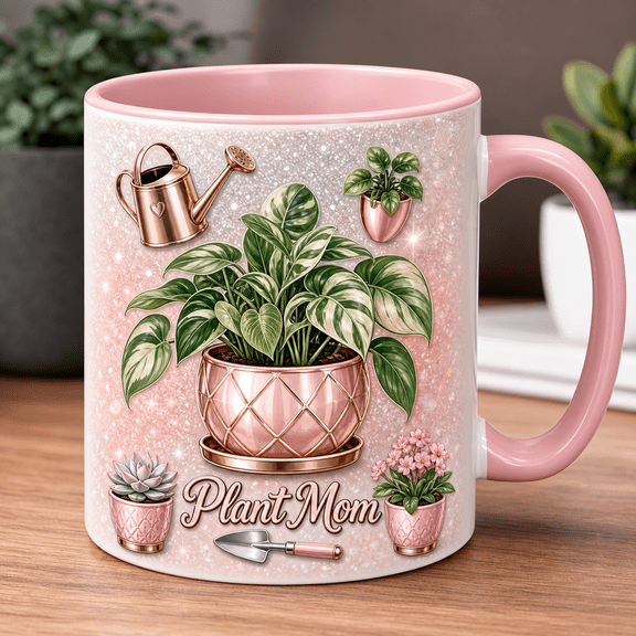 Plant Mom Ceramic Coffee Mug Pink Potted Plant Watering Can Gift for Plant Lovers