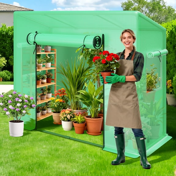 Greenhouse Indoor Outdoor Plant Gardening Green House, Roll-Up Zipper Doors and Side Windows, Walk in 7x6 ft, PE Cover, Green