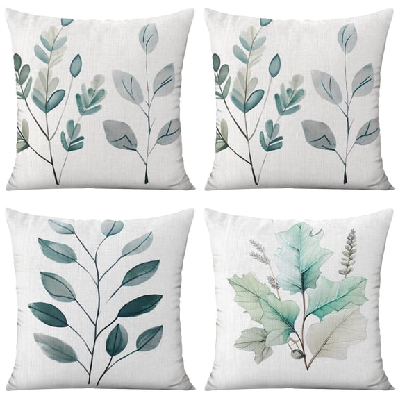 Plant Objects White Natural Greenery Twig Throw Pillow Covers 18 X 18 Inch, Set Of 4, Linen Study Sofa Cushion Cover Indoor Living Room Home Decor