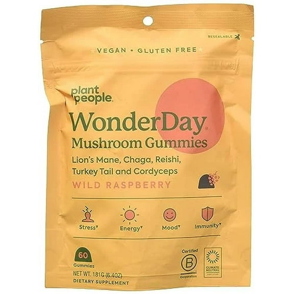 Plant People WonderDay Mushroom Gummies - Raspberry - 60 Count