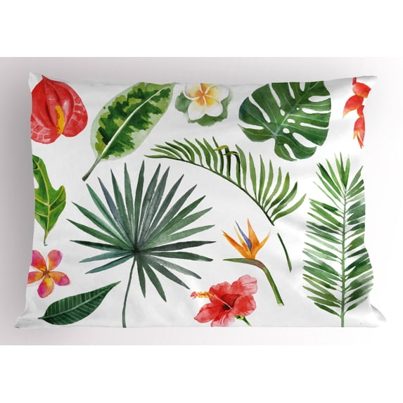 Plant Pillow Sham Diverse Collection of Leaves and Flowers From Tropical Lands Heliconia Philodendron, Decorative Standard Queen Size Printed Pillowcase, 30 X 20 Inches, Multicolor, by Ambesonne