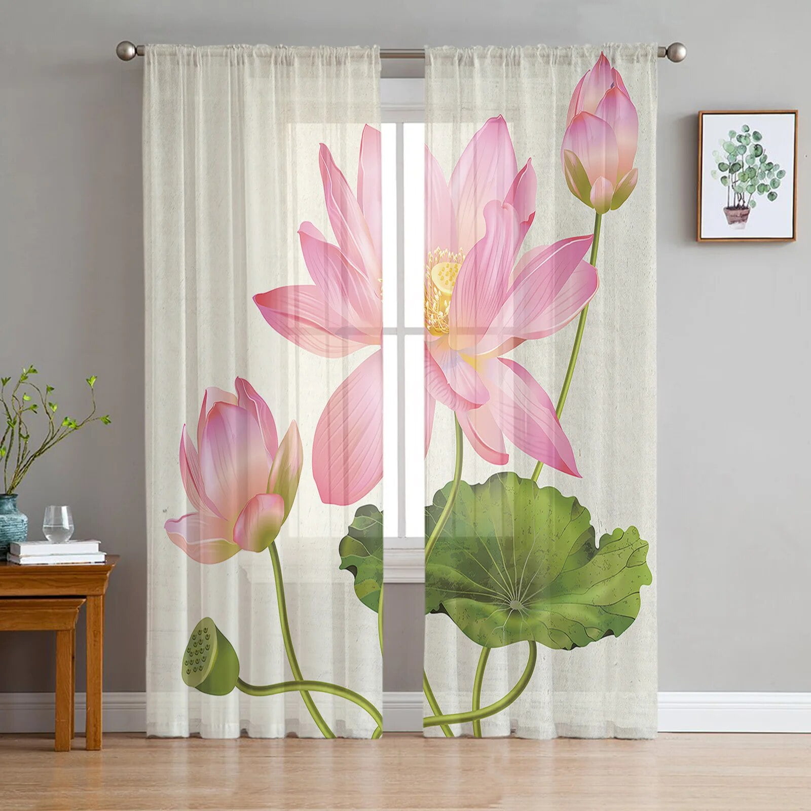 Plant Pink Lotus Window Curtains Bedroom Modern Drape Sheer Tulle