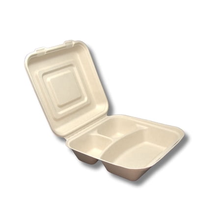 Plant Plate 100 Pack Biodegradable 9x9 3 Compartment Heavy Duty Bagasse Clamshell Containers