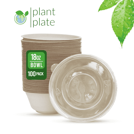 Plant Plate 100-Pack Eco-Friendly 18oz Heavy Duty Disposable Bowls, Made with Bagasse, BPA-Free