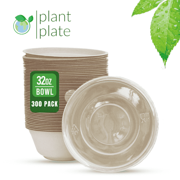 Plant Plate 300-Pack Eco-Friendly 32oz Heavy Duty Disposable Bowls, Made with Bagasse, BPA-Free