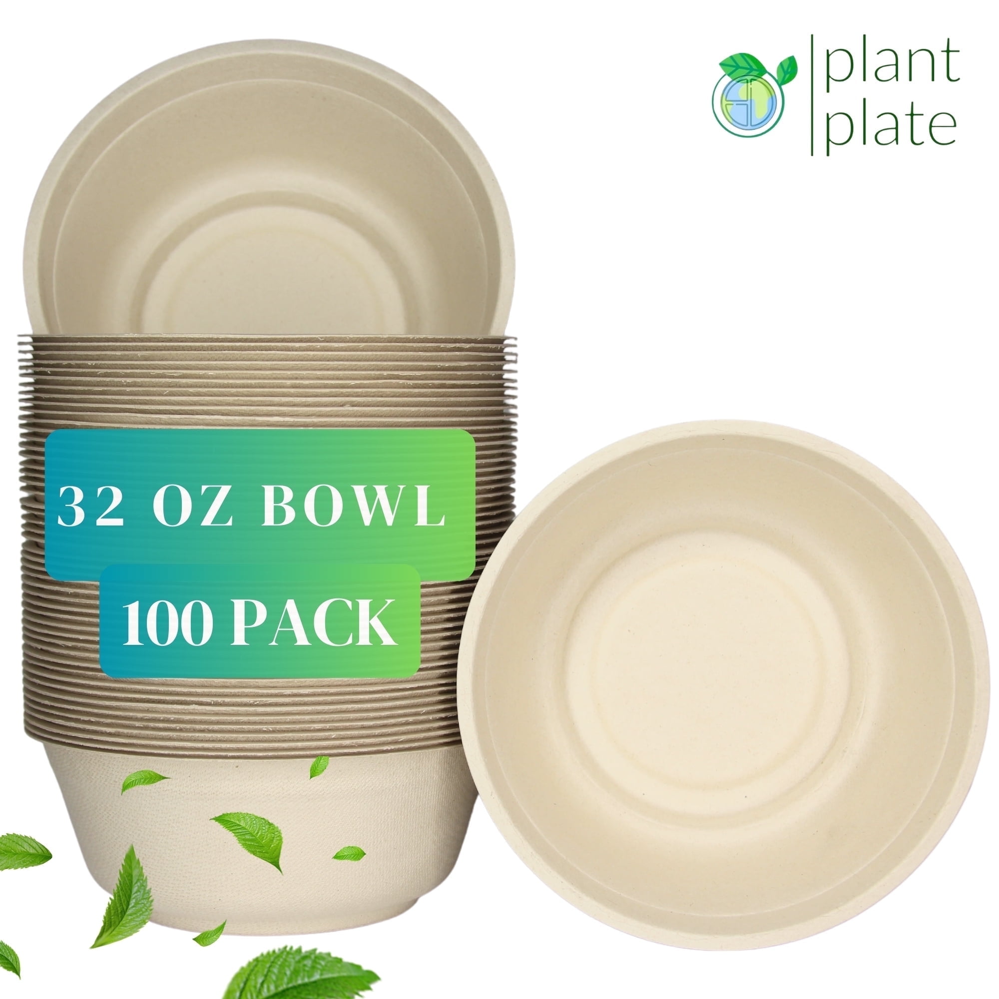 PLANT PLATE 100-Pack Biodegradable 32oz Heavy Duty Disposable Bowls for ...