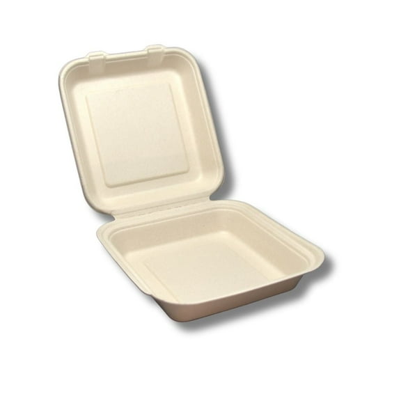 Plant Plate 8x8 Sturdy Sugarcane Takeout/to-Go Clamshell, natural Color. 150 Count