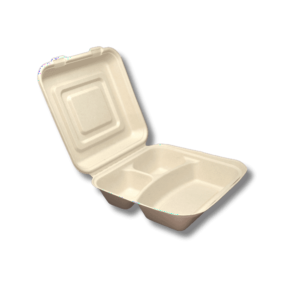 Plant Plate Compostable Takeout/to-Go Container, 8x8 Clamshell with 3 Compartments, Made of Bagasse, 100 Count